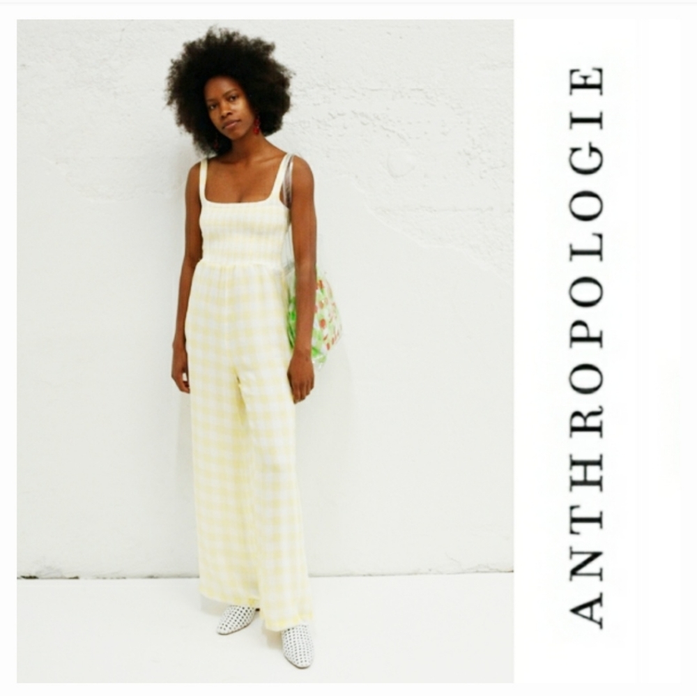 Anthropologie Capulet Wren Smocked Jumpsuit Yellow Gingham Sz L NWT - Picture 1 of 14